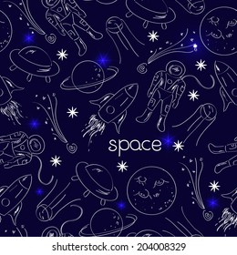Space vector seamless pattern with line drawing doodle objects on dark background