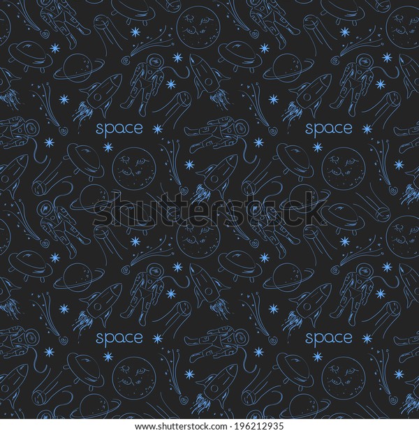 Space vector seamless pattern with line\
drawing doodle objects on dark\
background
