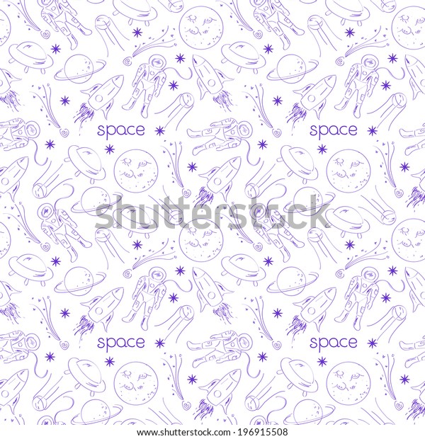 Space vector seamless pattern with line\
drawing doodle objects on light\
background