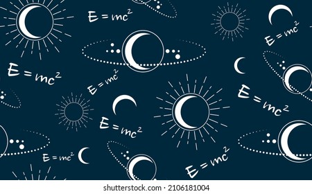 Space vector seamless pattern with physical speed of light formula E=MC2. Moon, sun, stars, orbits, Planes. Magic pagan Wicca symbol. Vector Alchemy, esoteric, occultism, navy blue background