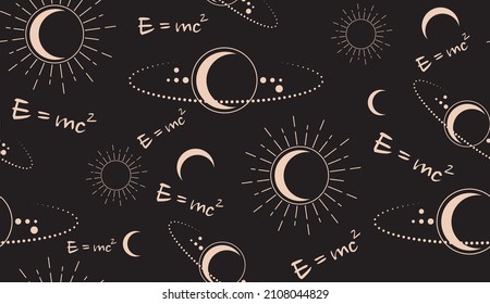 Space vector seamless pattern with physical speed of light formula E=MC2. Moon, sun, stars, orbits, Planes. Magic pagan Wicca symbol. Vector Alchemy, esoteric, occultism, black background