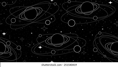 Space vector seamless pattern with planets and satellites, stars and constellations