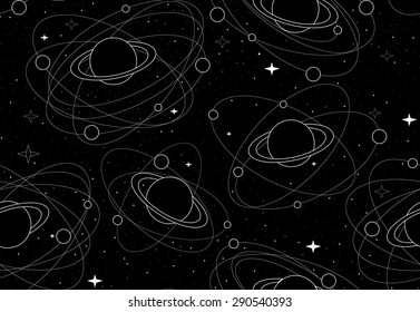 Space vector seamless pattern with planets and satellites, stars and constellations. Endless decorative texture
