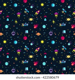 Space vector seamless pattern with planets and spaceships.