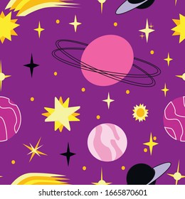 Space vector seamless pattern with stars, planets, asteroids on a purple background. Cosmic colors.Endless childish ornament for fabric,background for web pages,wrapping paper and other material.