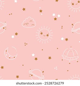 Patrones sin fisuras del Vector espacial. Patrón rosa bebé con sol, nube, luna, estrella, planeta y ovni. Fondo de pantalla para la moda de los niños, guardería, diseño de la ducha del bebé.