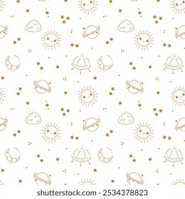 Space Vector Seamless Patterns. Baby Pattern with Sun, Cloud, Moon, Star, Planet and Ufo. Wallpaper for Kids Fashion, Nursery, Baby Shower design.