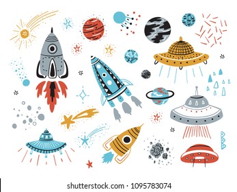 Space Vector Set with Cartoon Rockets, Planets, Stars, Comets and UFOs. 