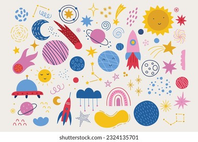 Space vector set - comet, planet, moon, sun, rocket, ufo, star, cloud, rainbow on white background. Perfect for greeting cards, decorations. Vector illustration