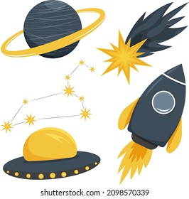 Space vector set, constellation Leo, ufo, flying saucer, rocket, planet with ring, shooting star, meteor