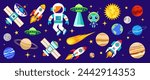 Space vector set. Cute cartoon illustration with astronaut, spaceship, planet, rocket, alien, satellite, ufo, comet, star