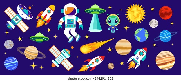 Space vector set. Cute cartoon illustration with astronaut, spaceship, planet, rocket, alien, satellite, ufo, comet, star