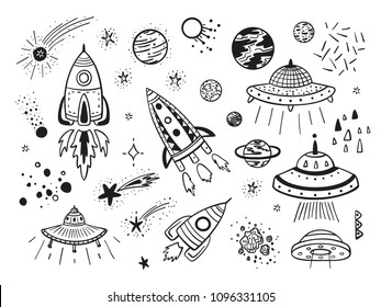 Space Vector Set. Hand drawn Doodle Cartoon Rockets, Planets, Stars, Comets and UFOs.