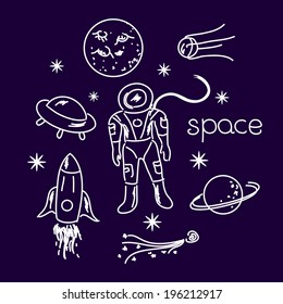 Space vector white objects line drawing in night sky