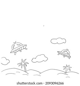 Space vehicle landing in the desert Vector for kids coloring book black and white Illustration