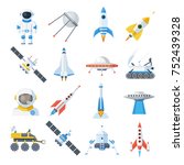 Space vehicle set. Rocket-powered vehicle with satellites, spacecraft transport. Vector flat style cartoon illustration isolated on white background