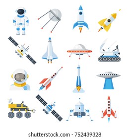 Space vehicle set. Rocket-powered vehicle with satellites, spacecraft transport. Vector flat style cartoon illustration isolated on white background