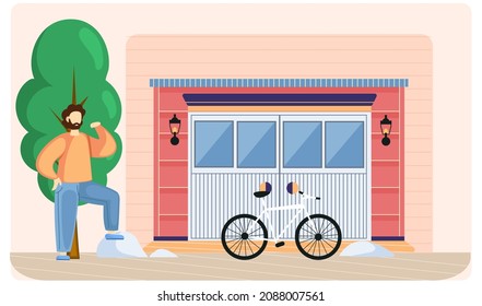 Space for vehicles, room for transport in residential building. Place for automobile parking, Storage space for bike inside modern house. Man stands near new bicycle storage garage vector illustration