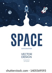 Space vertical background with cosmos and white empty place for text. Cute template with Astronaut, Spaceship, Rocket, Moon and Stars for poster, banner web landing page or website design