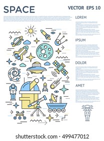 Space vertical infographic with texts on right side column and cosmic icon set vector illustration