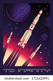 Space vertical poster with frame and composition of launching rockets images and planets with shining stars vector illustration