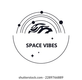 Space vibes minimalist sticker. Stars around planet. template, layout and mockup. Scientific research and travel, astrology and astronomy. Cartoon flat vector illustration