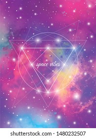 Space vibes sacred geometry interlocking geometric shapes design template on colorful outer space background. 