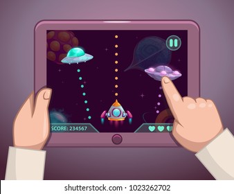 Space video game concept. Gaming process on the tablet screen. Vector illustration.