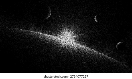 Space view with planet and star in stipple illustration style. Dotted galaxy background with glowing sun and lunar crescent. Astronomical sketch design for cosmic science concept.