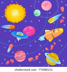 Space view with the sun, rocket, UFO, planets and asteroids