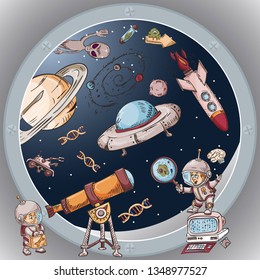 space the view from the window of a spacecraft vector illustration for design and decoration, stickers the covers, in the style of childrens illustration, doodles