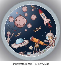 space the view from the window of a spacecraft vector illustration for design and decoration, stickers the covers, in the style of childrens illustration, doodles