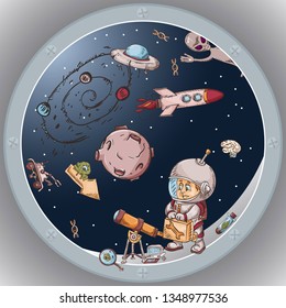 space the view from the window of a spacecraft vector illustration for design and decoration, stickers the covers, in the style of childrens illustration, doodles