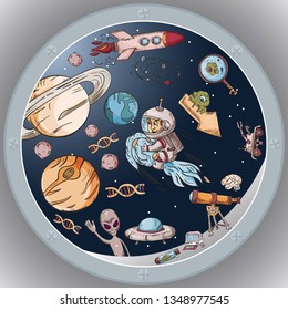 space the view from the window of a spacecraft vector illustration for design and decoration, stickers the covers, in the style of childrens illustration, doodles