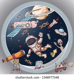 space the view from the window of a spacecraft vector illustration for design and decoration, stickers the covers, in the style of childrens illustration, doodles
