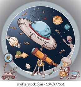 space the view from the window of a spacecraft vector illustration for design and decoration, stickers the covers, in the style of childrens illustration, doodles