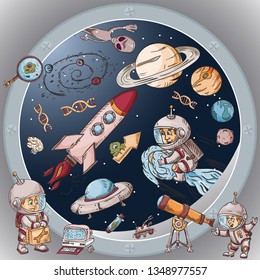 space the view from the window of a spacecraft vector illustration for design and decoration, stickers the covers, in the style of childrens illustration, doodles