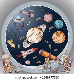 space the view from the window of a spacecraft vector illustration for design and decoration, stickers the covers, in the style of childrens illustration, doodles