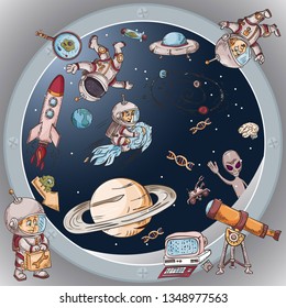 space the view from the window of a spacecraft vector illustration for design and decoration, stickers the covers, in the style of childrens illustration, doodles