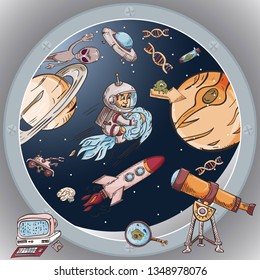 space the view from the window of a spacecraft vector illustration for design and decoration, stickers the covers, in the style of childrens illustration, doodles