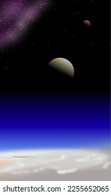 Space view. You can see a small part of Earth and with  little bit of imagination Moon and Mars. Not realistic :)