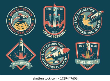 Space vintage badges, emblems and labels set. Rocket retro logos pack. Vector illustartion.
