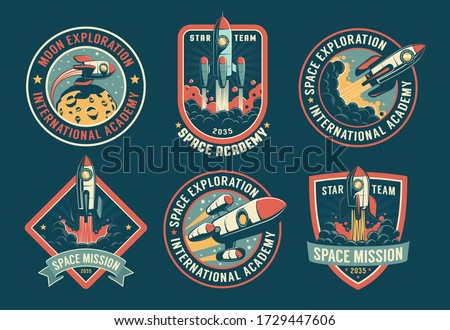 Space vintage badges, emblems and labels set. Rocket retro logos pack. Vector illustartion.