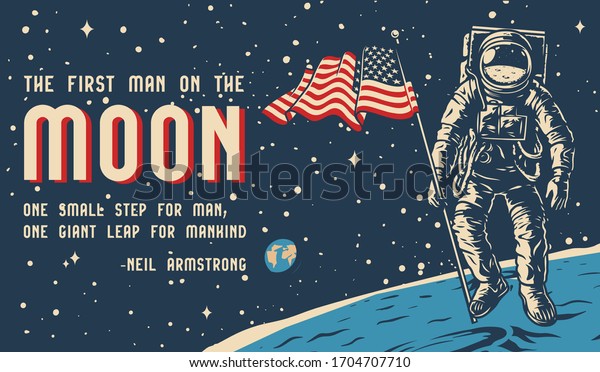 Space vintage\
colorful horizontal poster with astronaut holding american flag on\
moon surface vector\
illustration