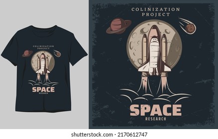 space vintage design. classic stylish t-shirt and apparel abstract design  with spaceship . Vector print, typography, poster. Global swatches, symbol, vintage design, planet, moon, UFU 
