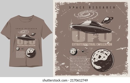 Weltraum-Vintage-Design. klassisches, stylisches T-Shirt- und Bekleidungsdesign mit Raumschiff . Vektorgrafik, Typografie, Poster. Globale Armbanduhren, Symbol, Vintage-Design, Planet, Mond, UFU 
