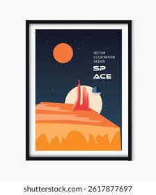 space vintage minimalist poster , universe, moon, red planet, 