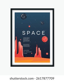 space vintage minimalist poster , universe, moon, red planet, 
