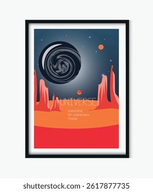 space vintage minimalist poster , universe, moon, red planet, 