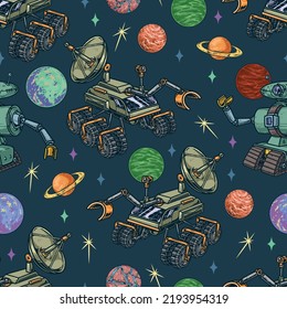 Patrón de vintage espacial tecnologías futuristas de colores sin fisuras para conquistar robots y máquinas del universo entre planetas estrellas Sistema solar ilustración vectorial